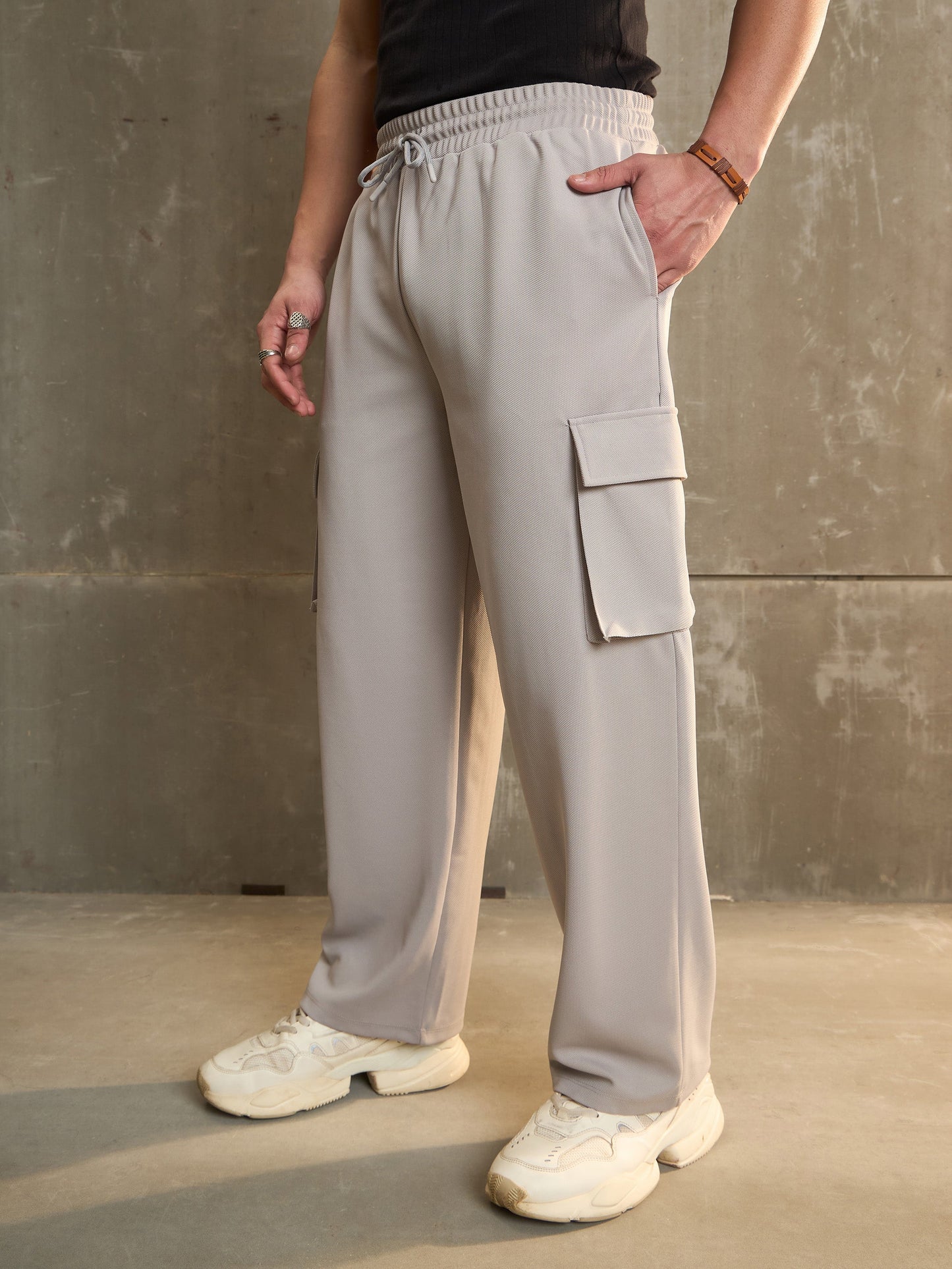 Men Light Grey Side Pocket Wide Leg Pants