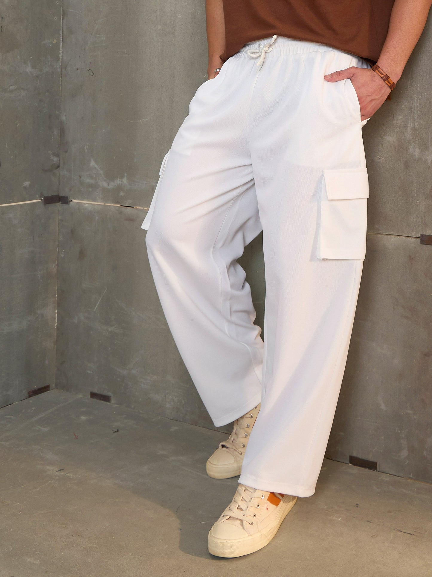 Men White Side Pocket Wide Leg Pants