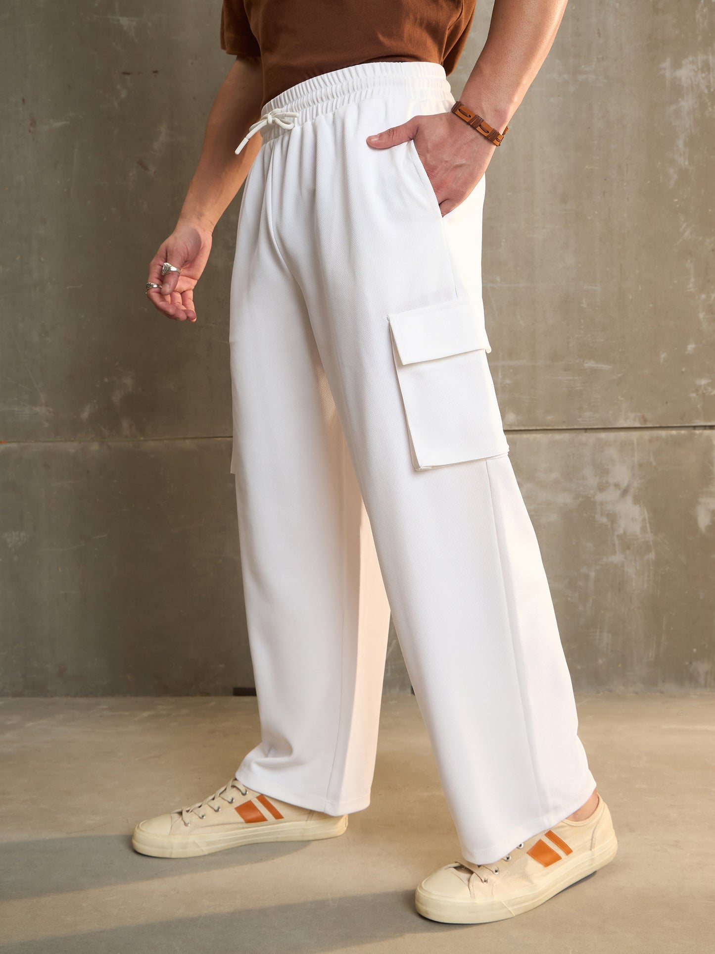 Men White Side Pocket Wide Leg Pants