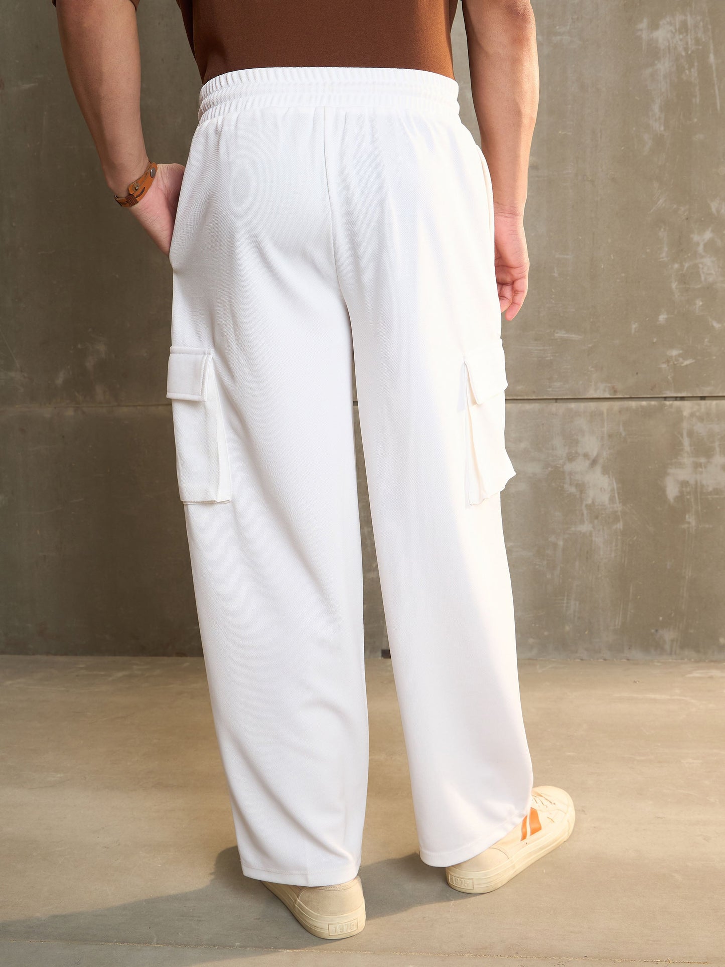 Men White Side Pocket Wide Leg Pants