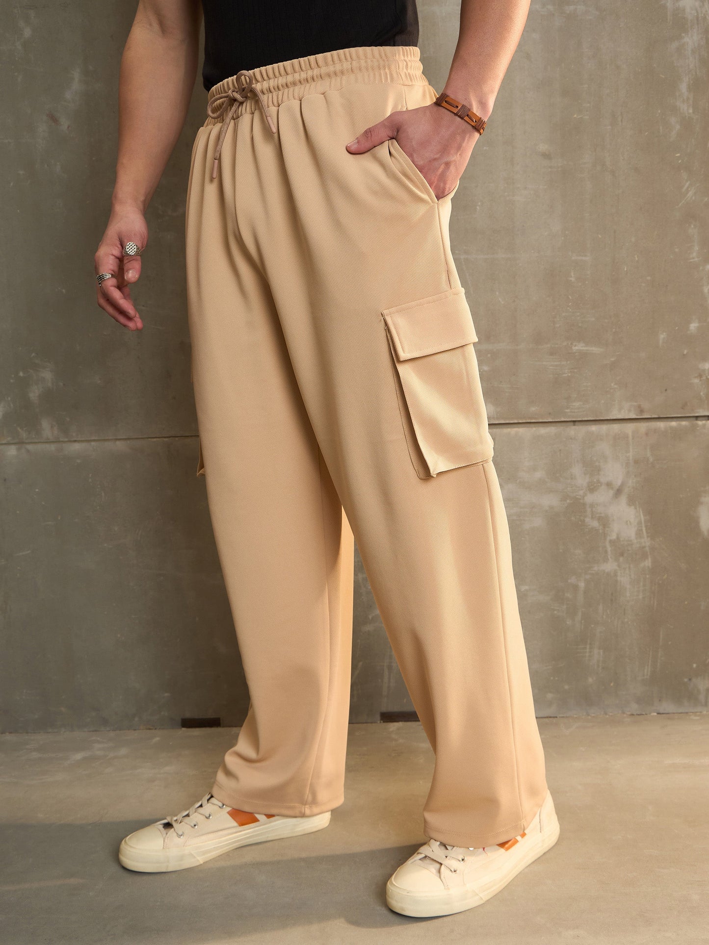 Men Beige Side Pocket Wide Leg Pants