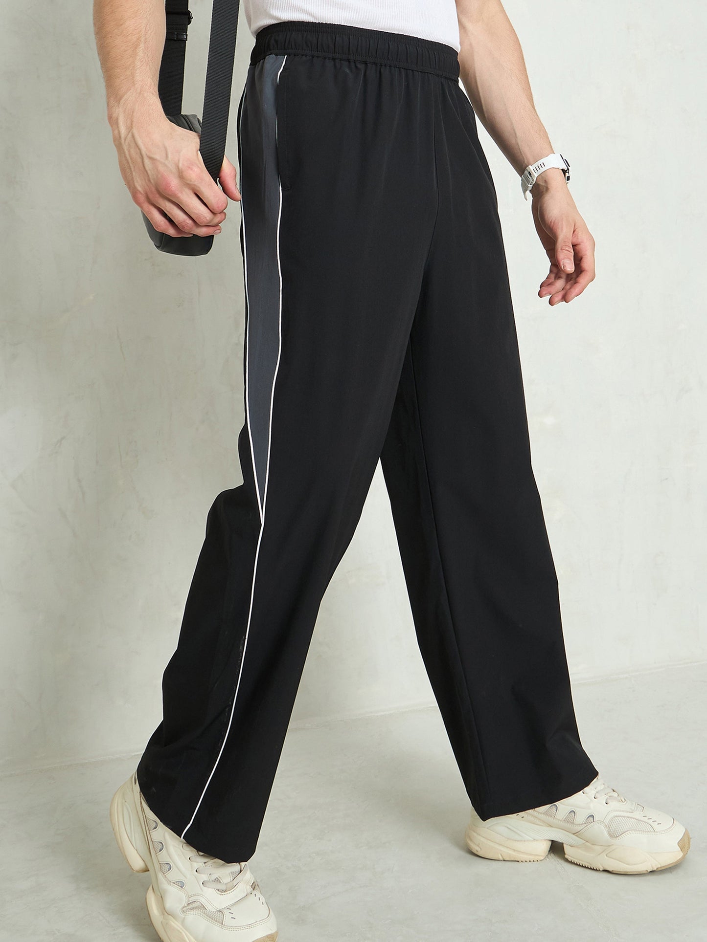 Unisex Black Color Block Side Seam Parachute Pants