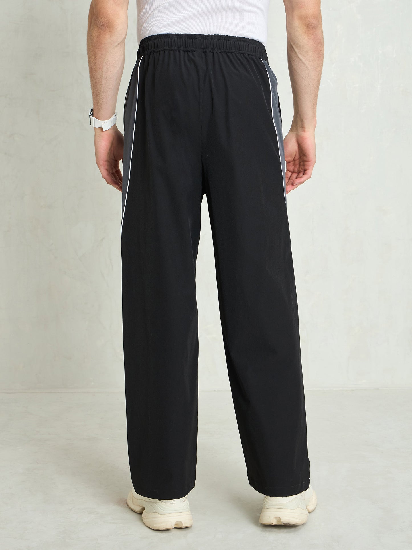 Unisex Black Color Block Side Seam Parachute Pants