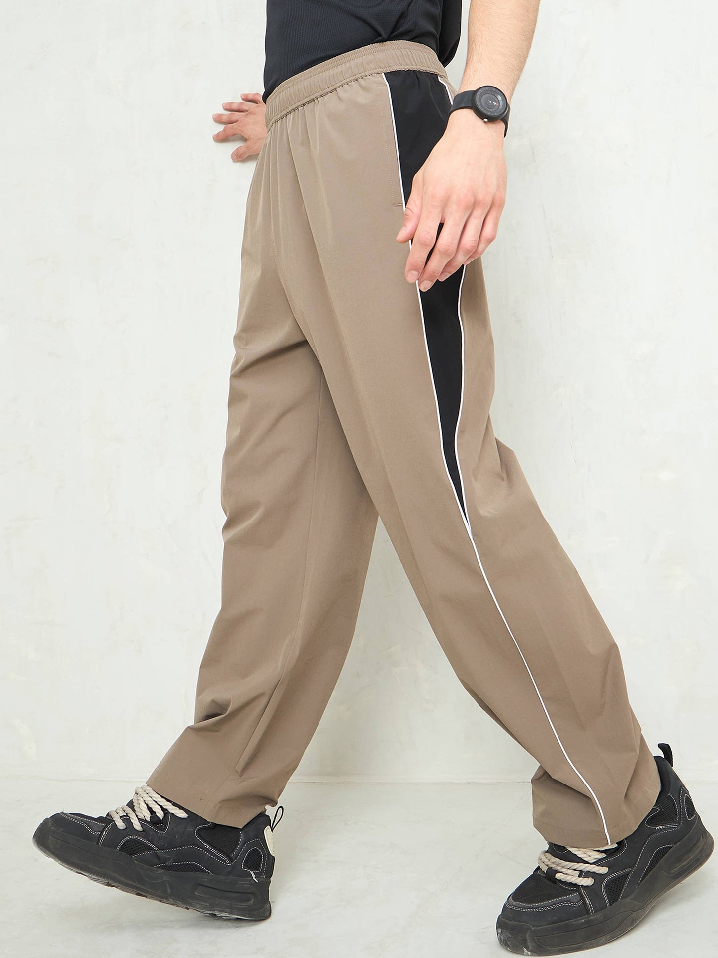 Unisex Taupe Color Block Side Seam Parachute Pants