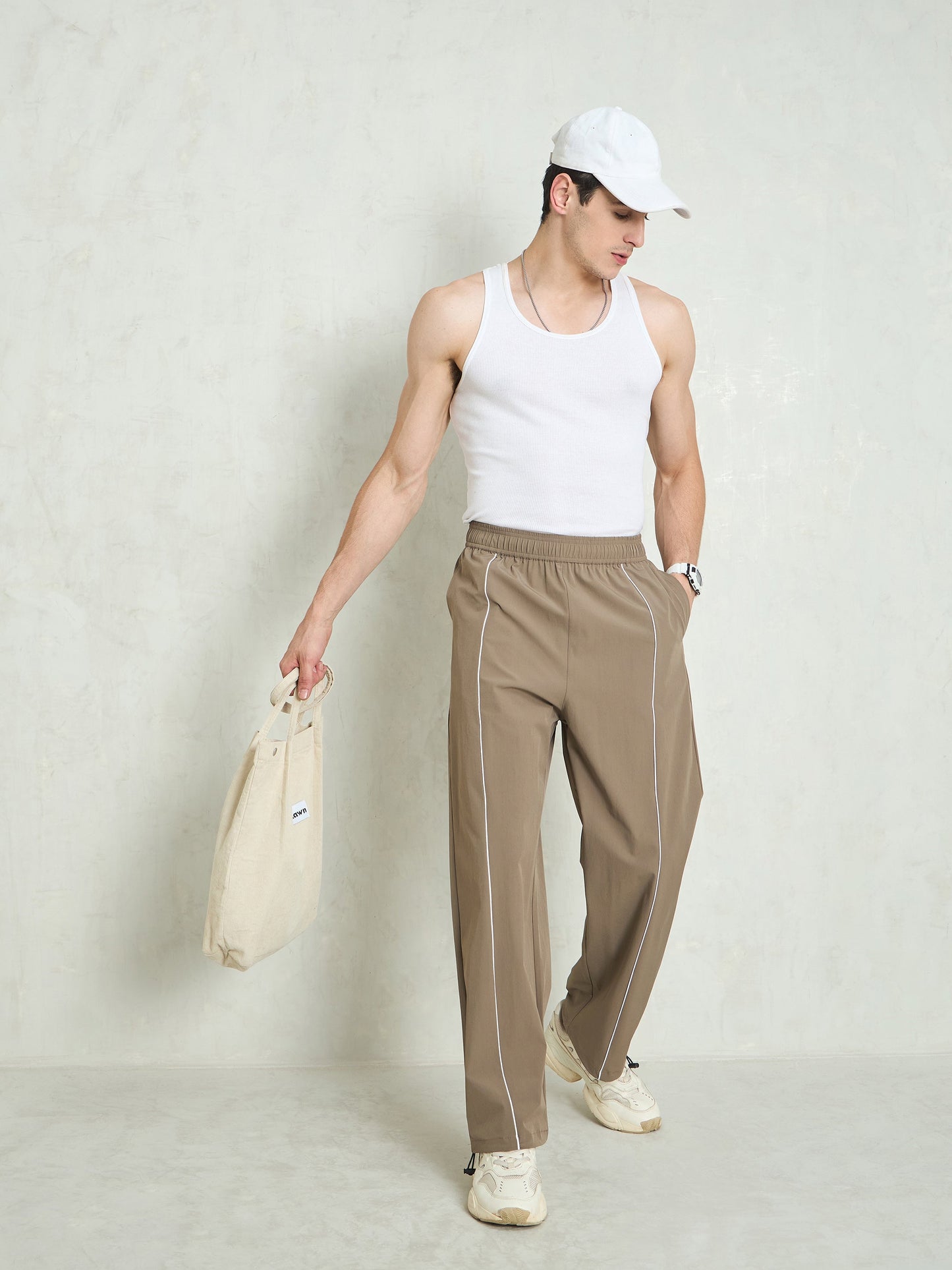 Unisex Taupe Piping Detail Baggy Parachute Pants