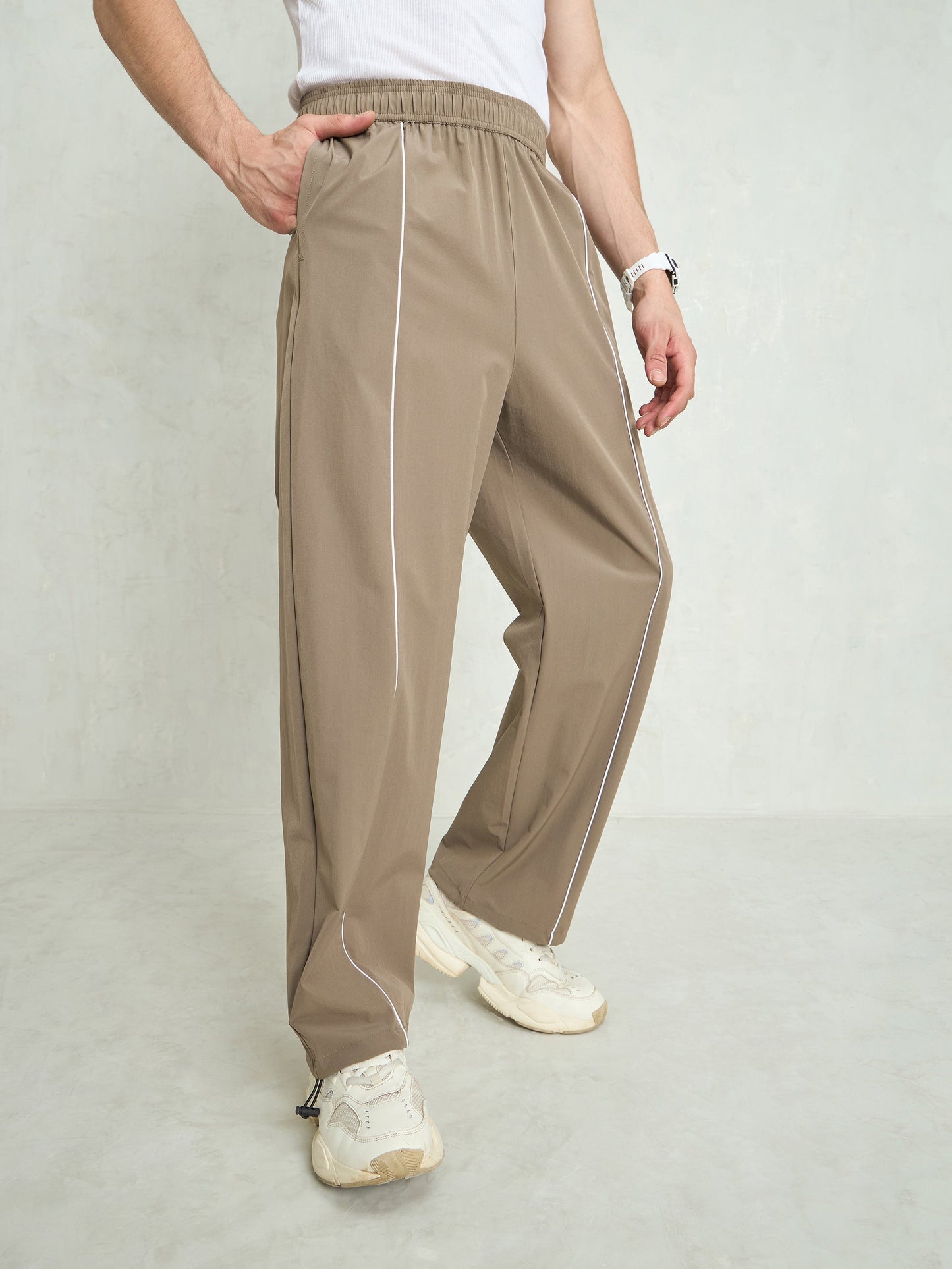 Unisex Taupe Piping Detail Baggy Parachute Pants