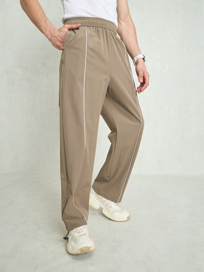 Unisex Taupe Piping Detail Baggy Parachute Pants
