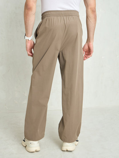 Unisex Taupe Piping Detail Baggy Parachute Pants