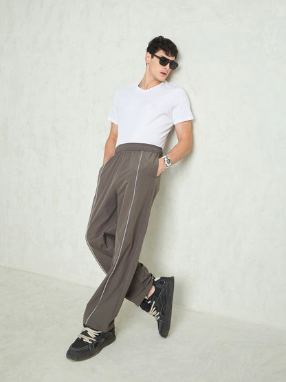 Unisex Dark Grey Piping Detail Baggy Parachute Pants