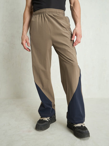 Unisex Taupe Bottom Color Block Baggy Parachute Pants