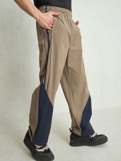 Unisex Taupe Bottom Color Block Baggy Parachute Pants