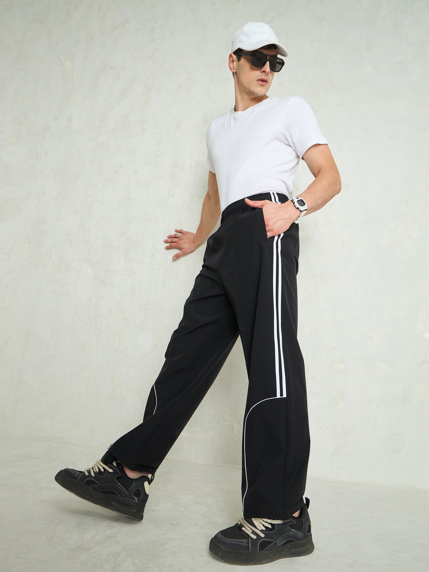 Unisex Black Piping Detail Baggy Parachute Pants