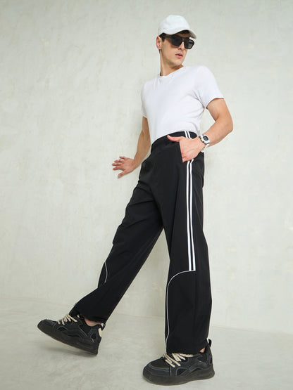 Unisex Black Piping Detail Baggy Parachute Pants