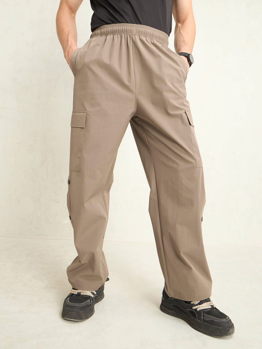 Unisex Taupe Button Detail Baggy Parachute Pants