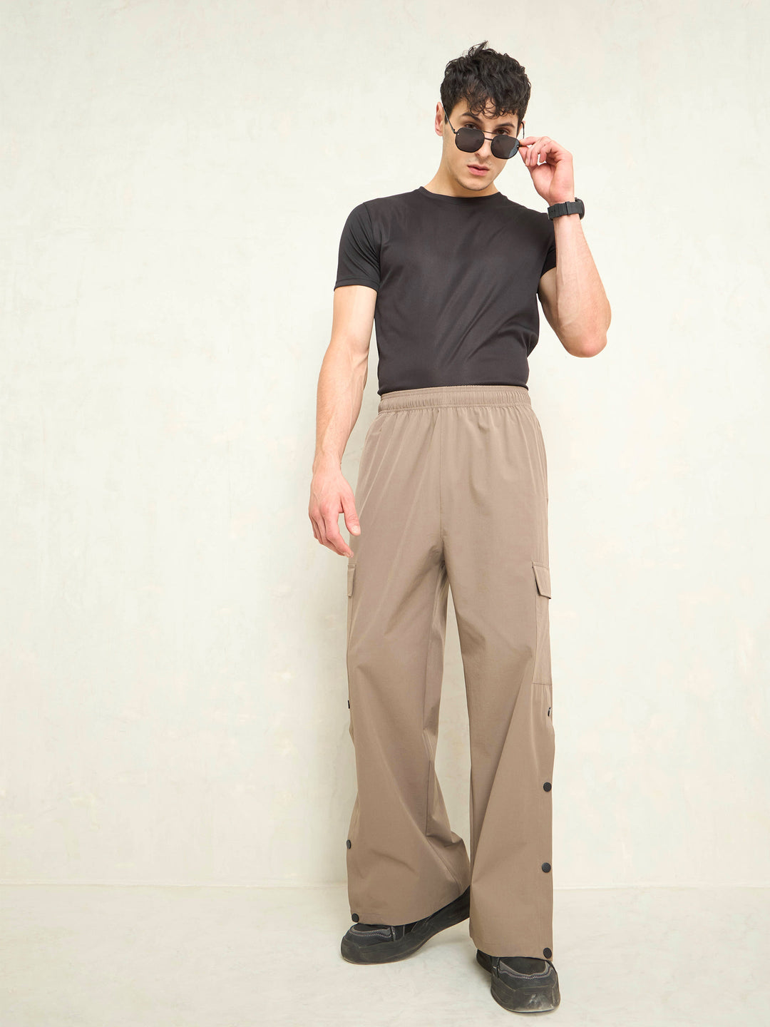 Unisex Taupe Button Detail Baggy Parachute Pants