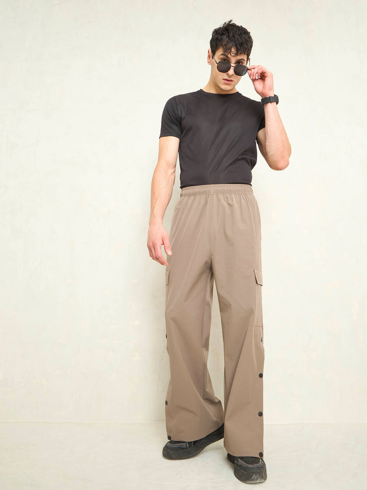 Unisex Taupe Button Detail Baggy Parachute Pants