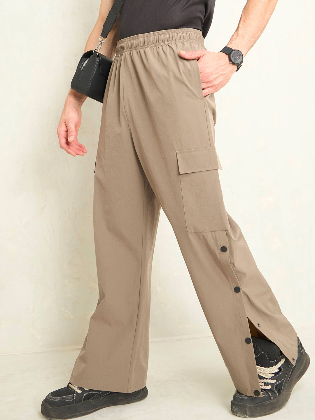 Unisex Taupe Button Detail Baggy Parachute Pants