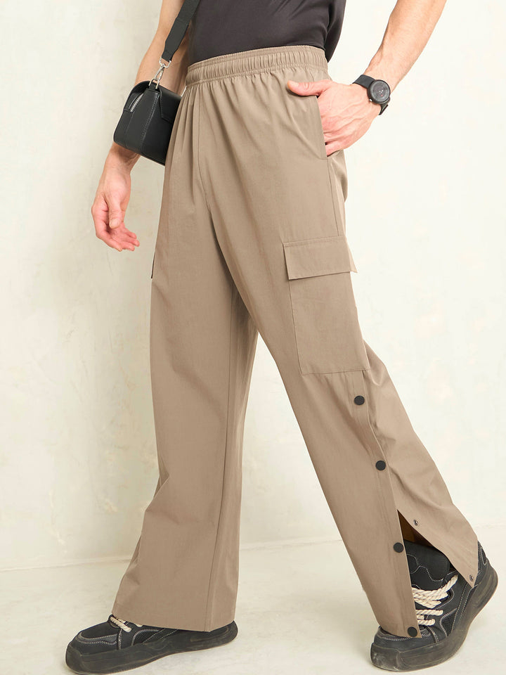 Unisex Taupe Button Detail Baggy Parachute Pants