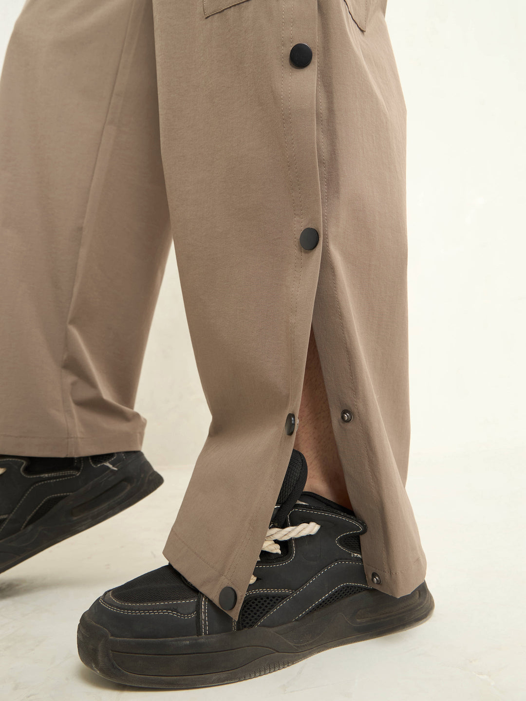 Unisex Taupe Button Detail Baggy Parachute Pants