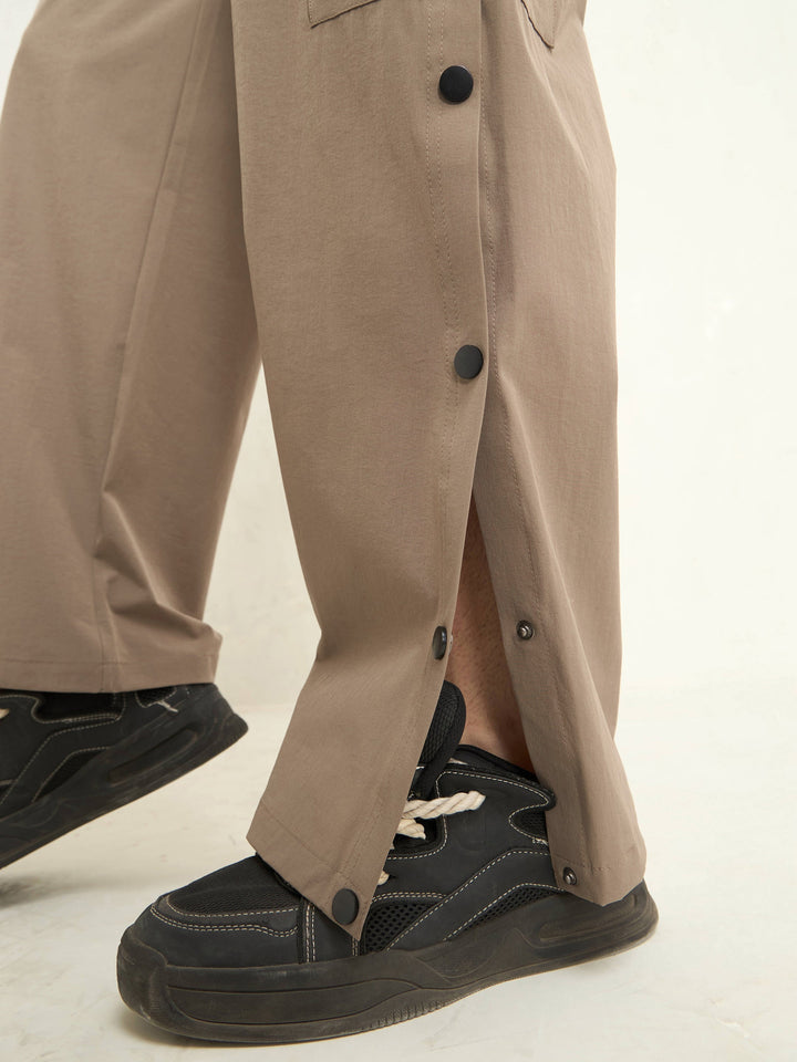 Unisex Taupe Button Detail Baggy Parachute Pants