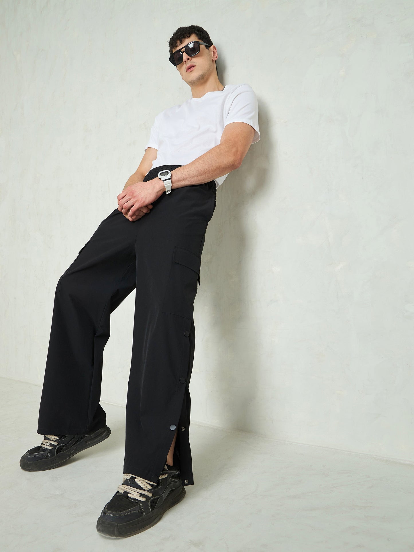 Unisex Black Button Detail Baggy Parachute Pants