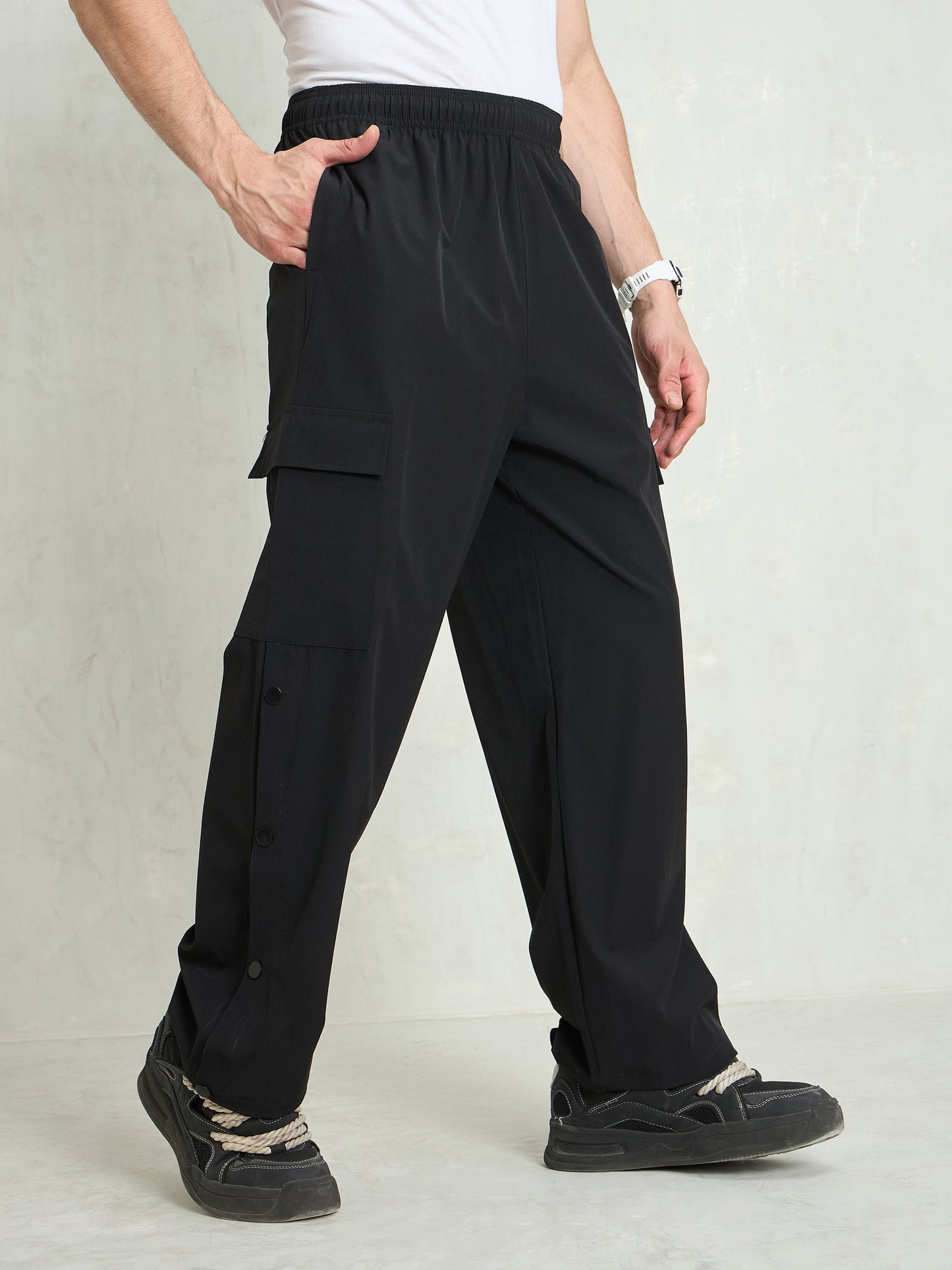 Unisex Black Button Detail Baggy Parachute Pants