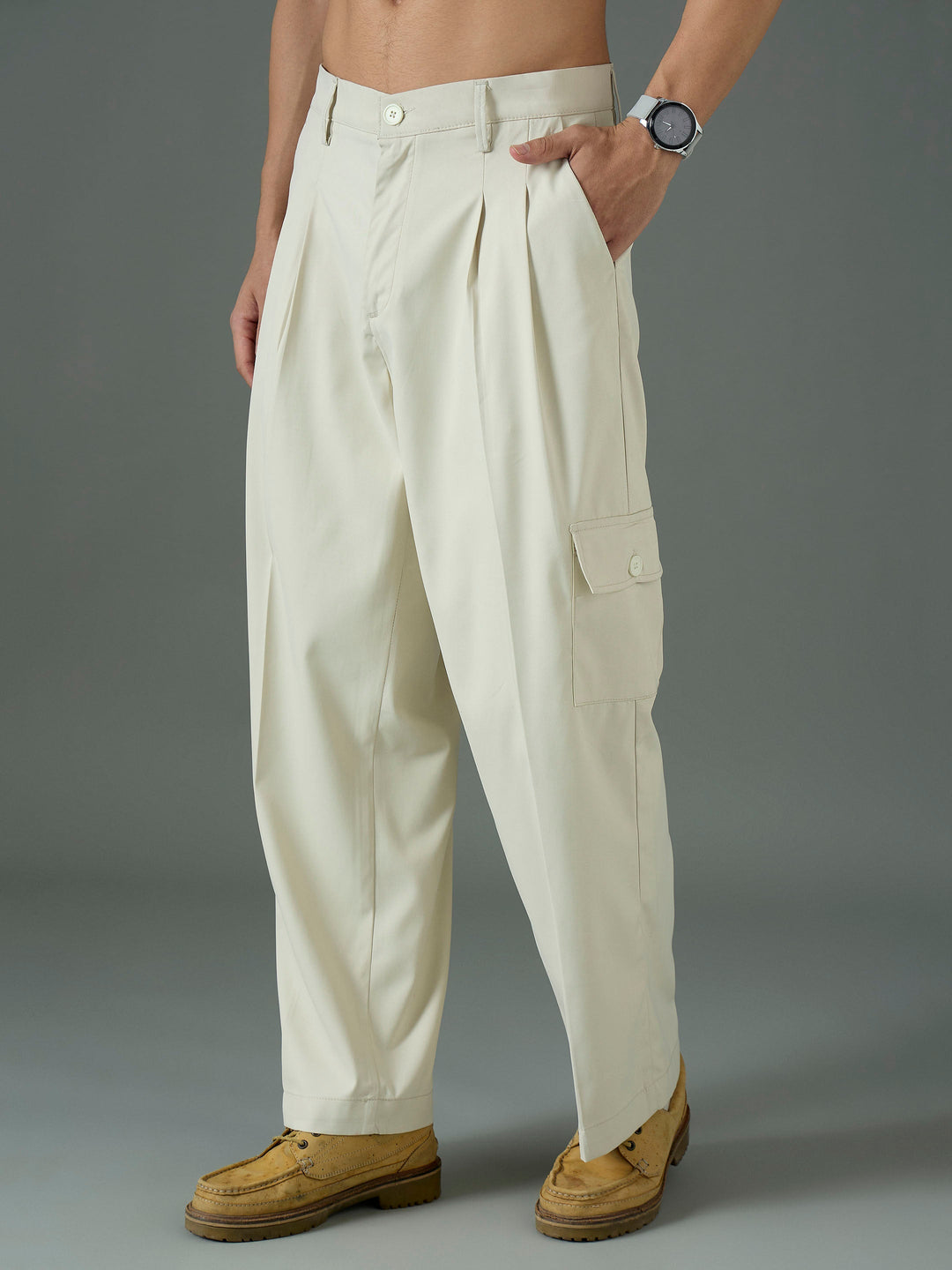 Men Off White Side Flap Pocket Relax Fit Korean Trouser