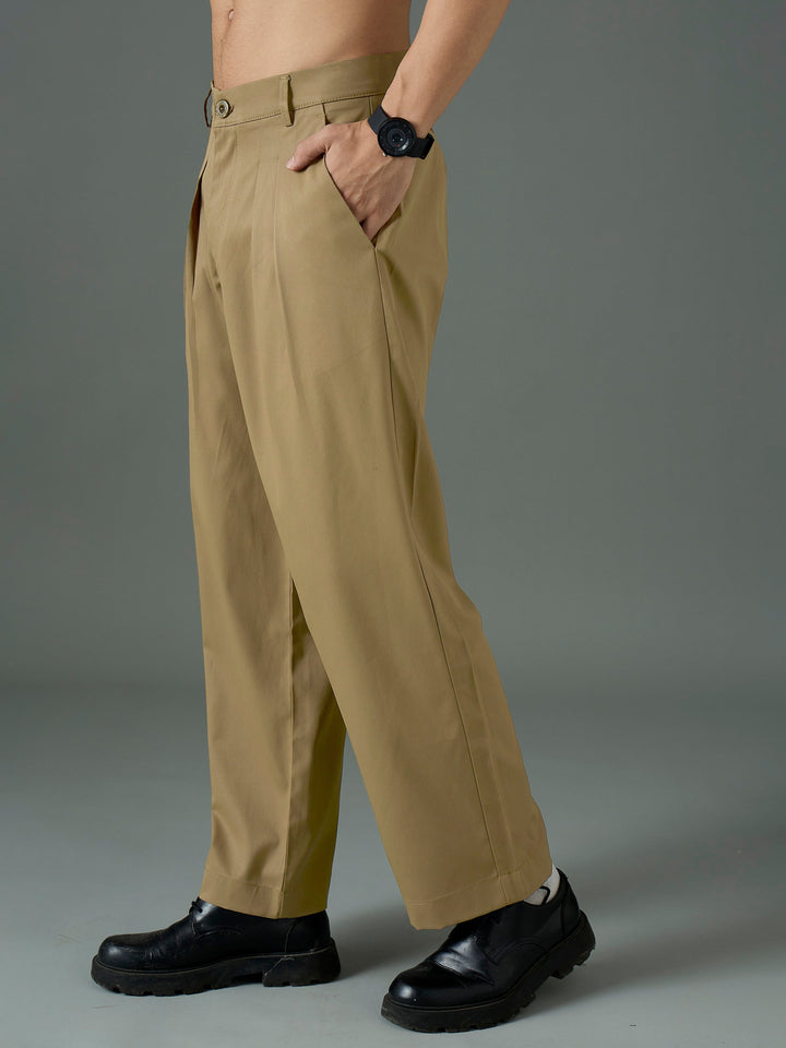 Men Khaki Front Pleat Relax Fit Korean Trouser