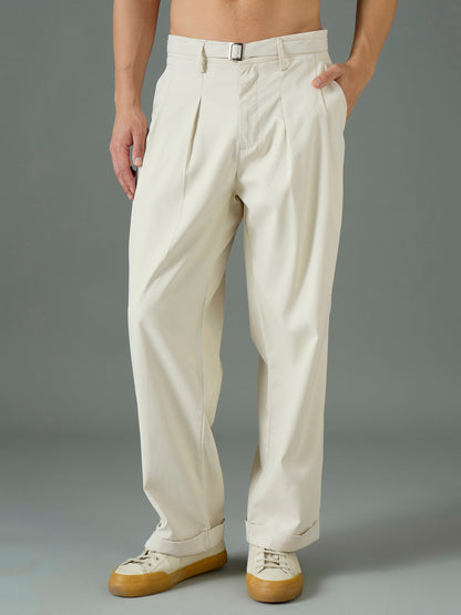 Men Off White Front Belt Relax Fit Korean Trouser
