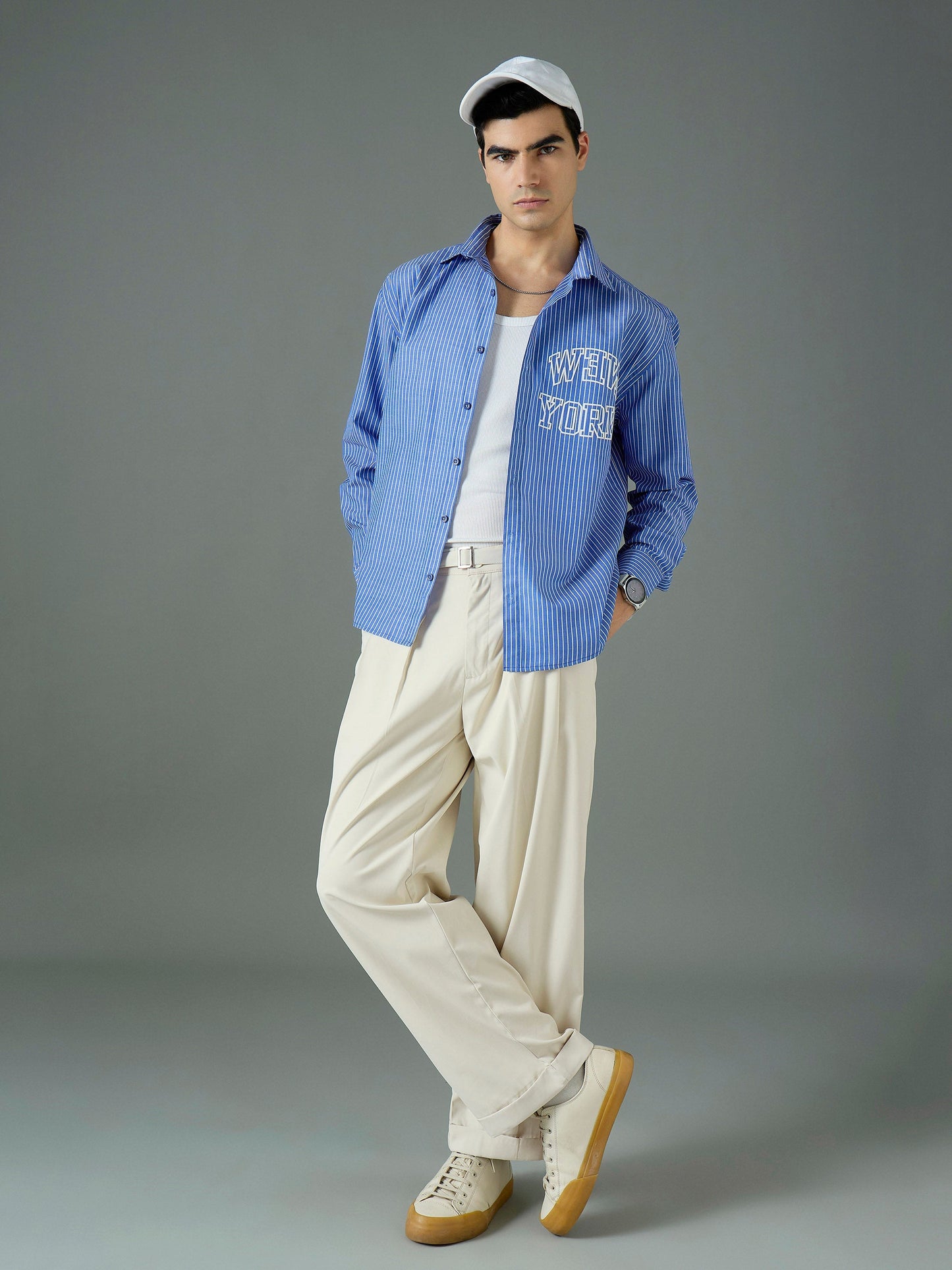 Men Off White Front Belt Relax Fit Korean Trouser