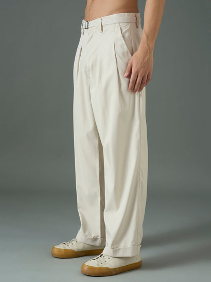 Men Off White Front Belt Relax Fit Korean Trouser
