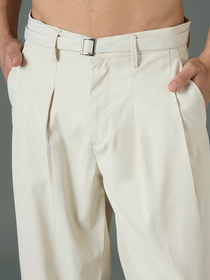 Men Off White Front Belt Relax Fit Korean Trouser
