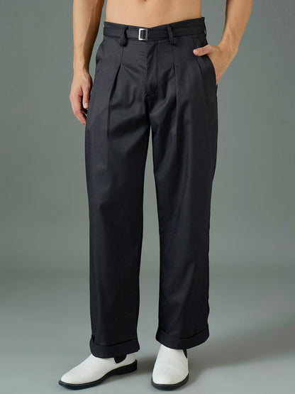 Men Black Front Belt Relax Fit Korean Trouser