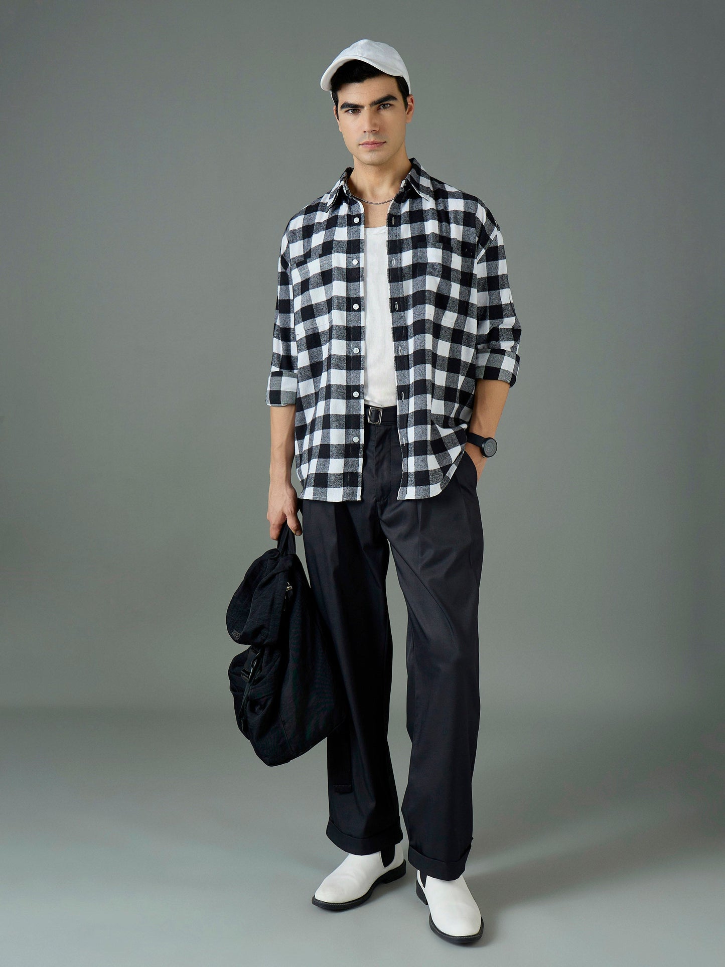Men Black Front Belt Relax Fit Korean Trouser