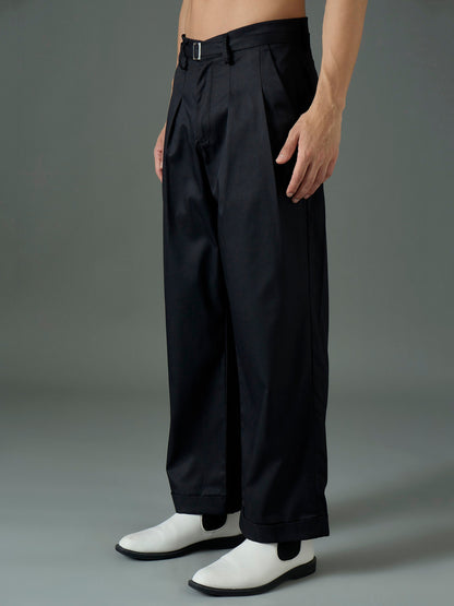 Men Black Front Belt Relax Fit Korean Trouser