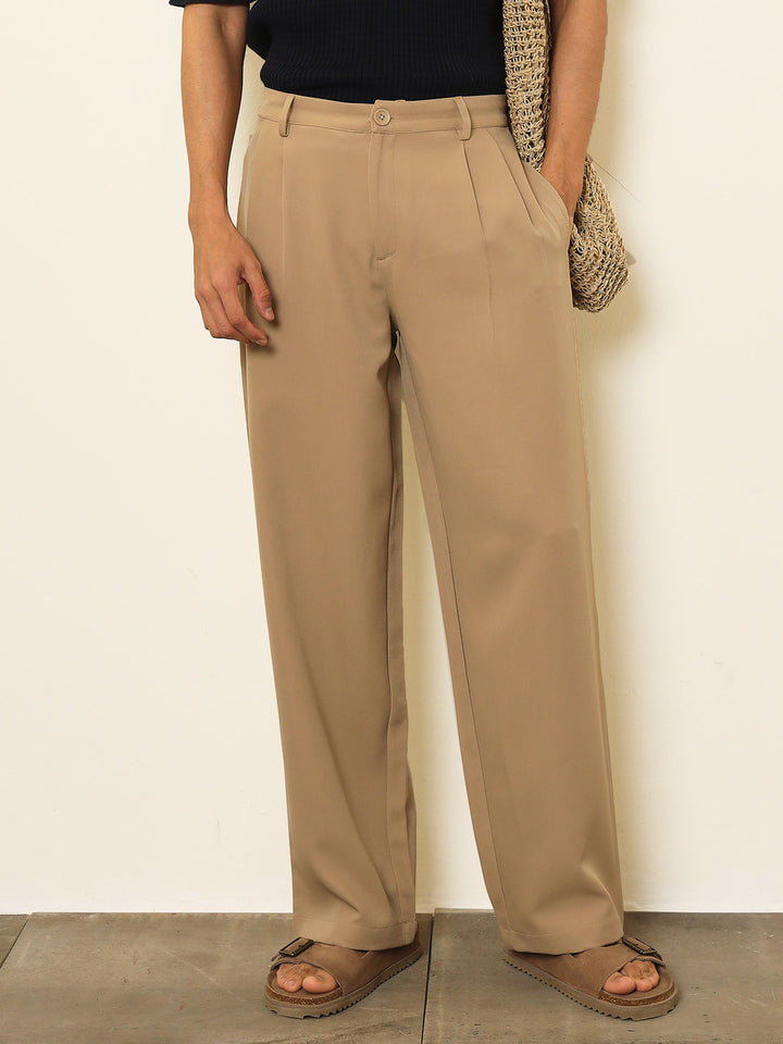 Men Beige Double-Pleated Basic Korean Pants