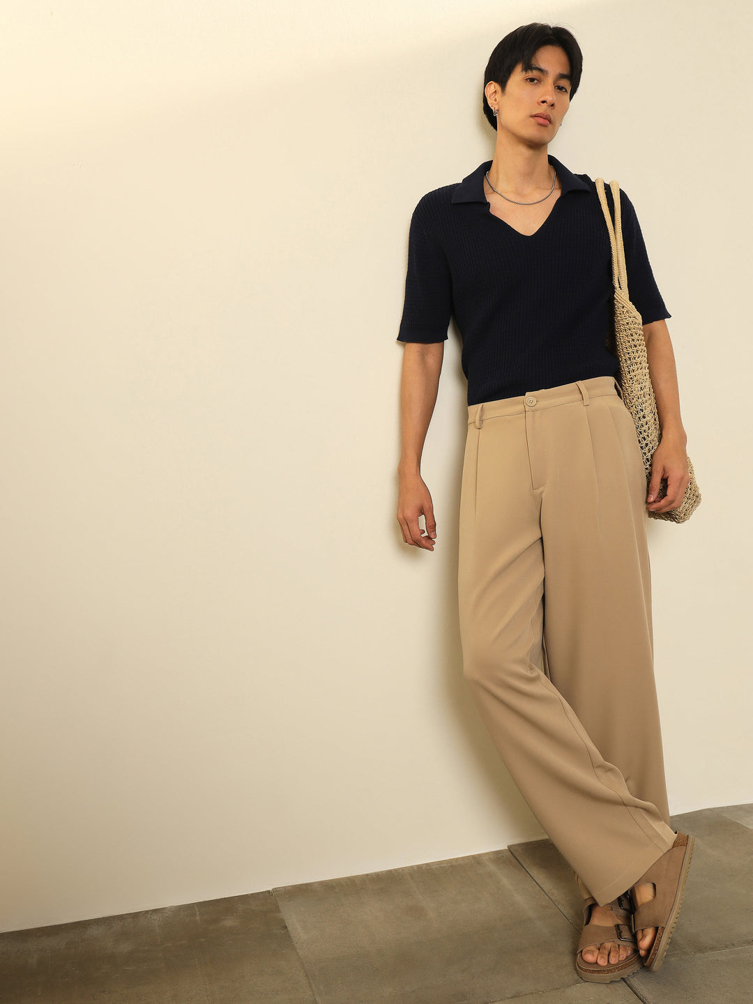 Men Beige Double-Pleated Basic Korean Pants