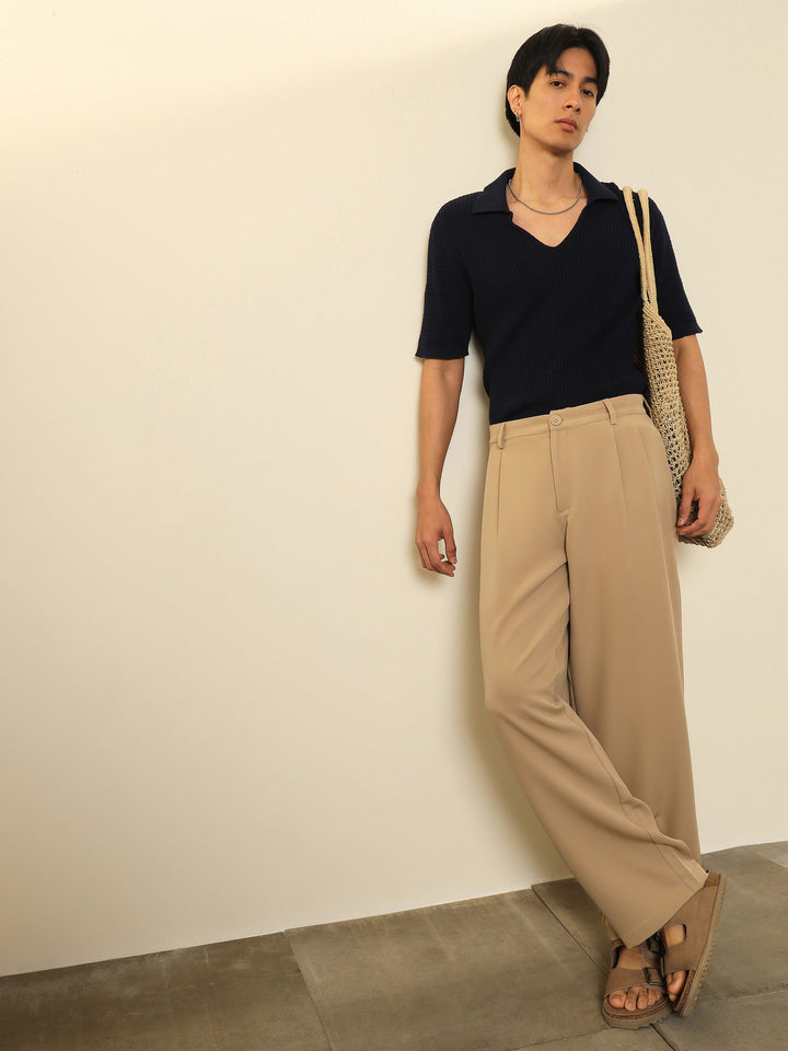 Men Beige Double-Pleated Basic Korean Pants