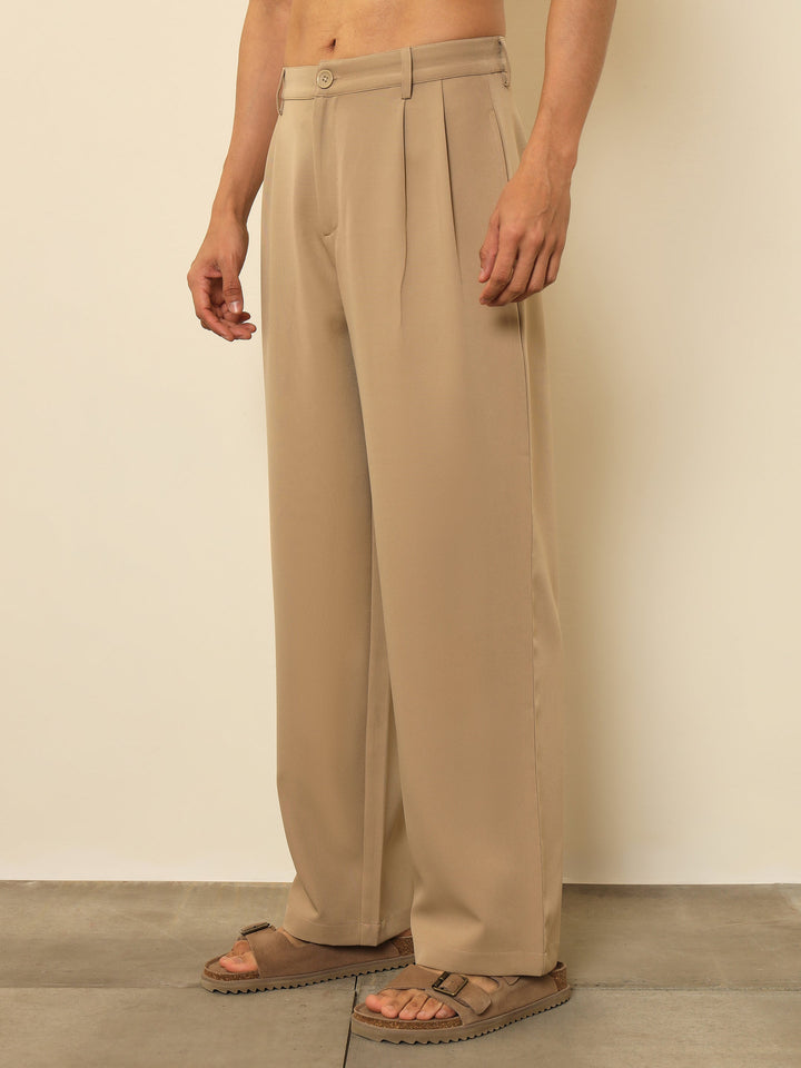 Men Beige Double-Pleated Basic Korean Pants