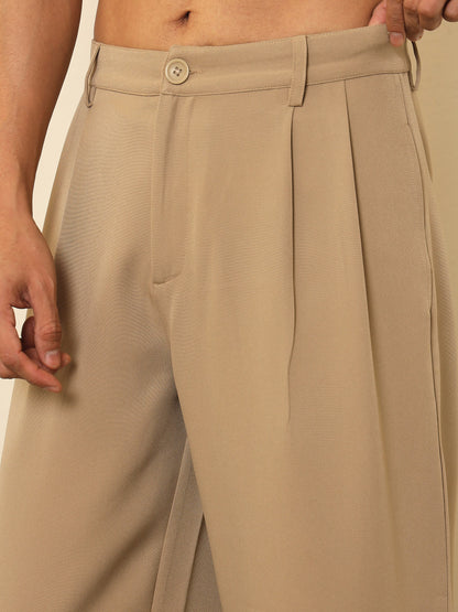 Men Beige Double-Pleated Basic Korean Pants