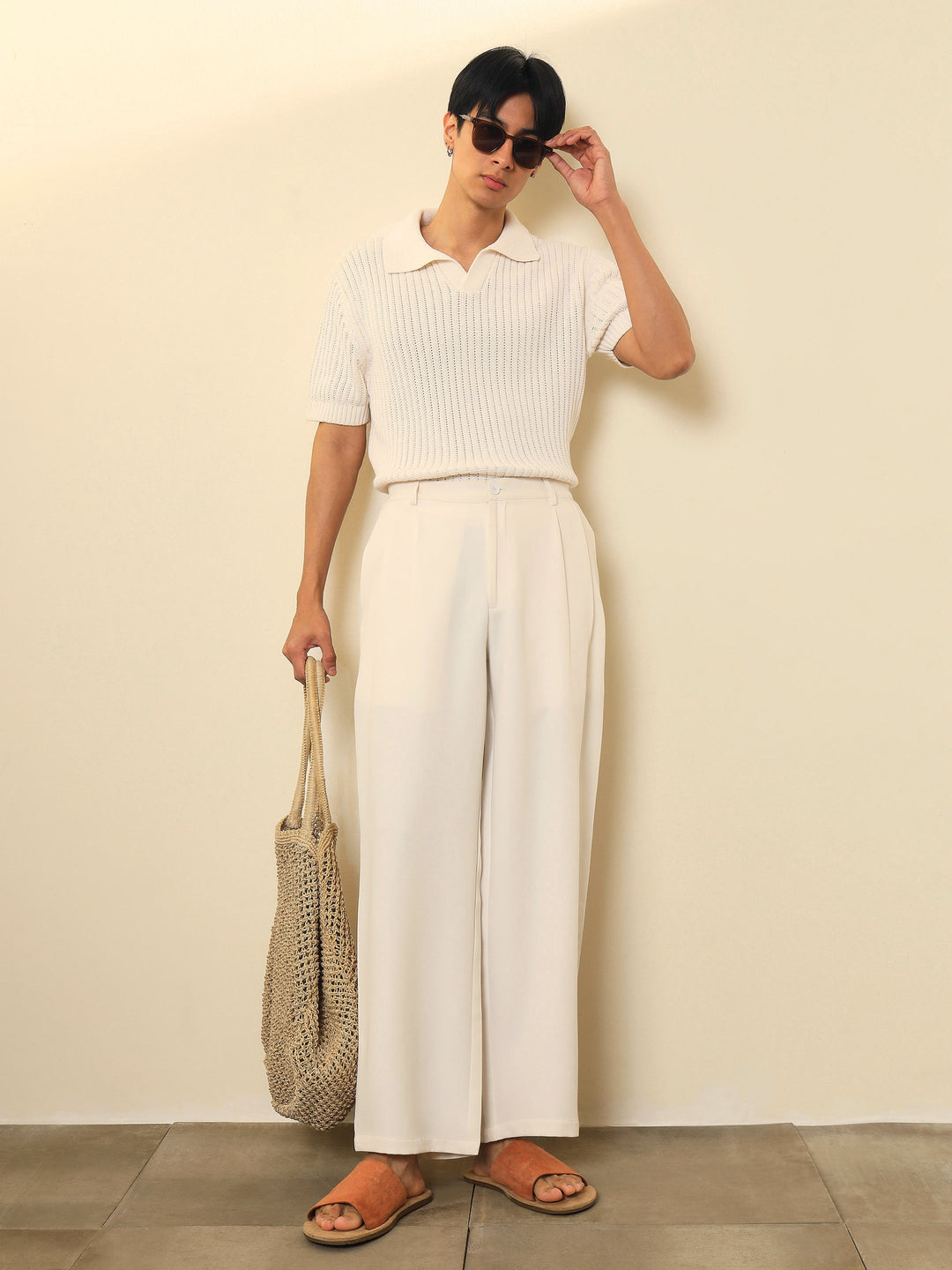 Men White Double-Pleated Basic Korean Pants