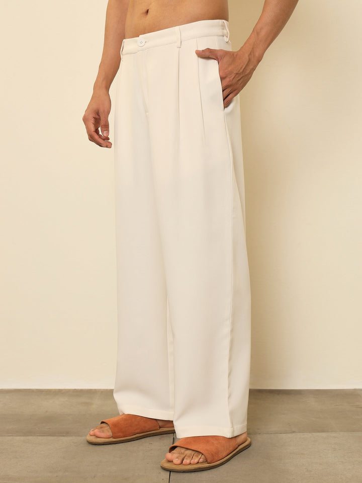 Men White Double-Pleated Basic Korean Pants