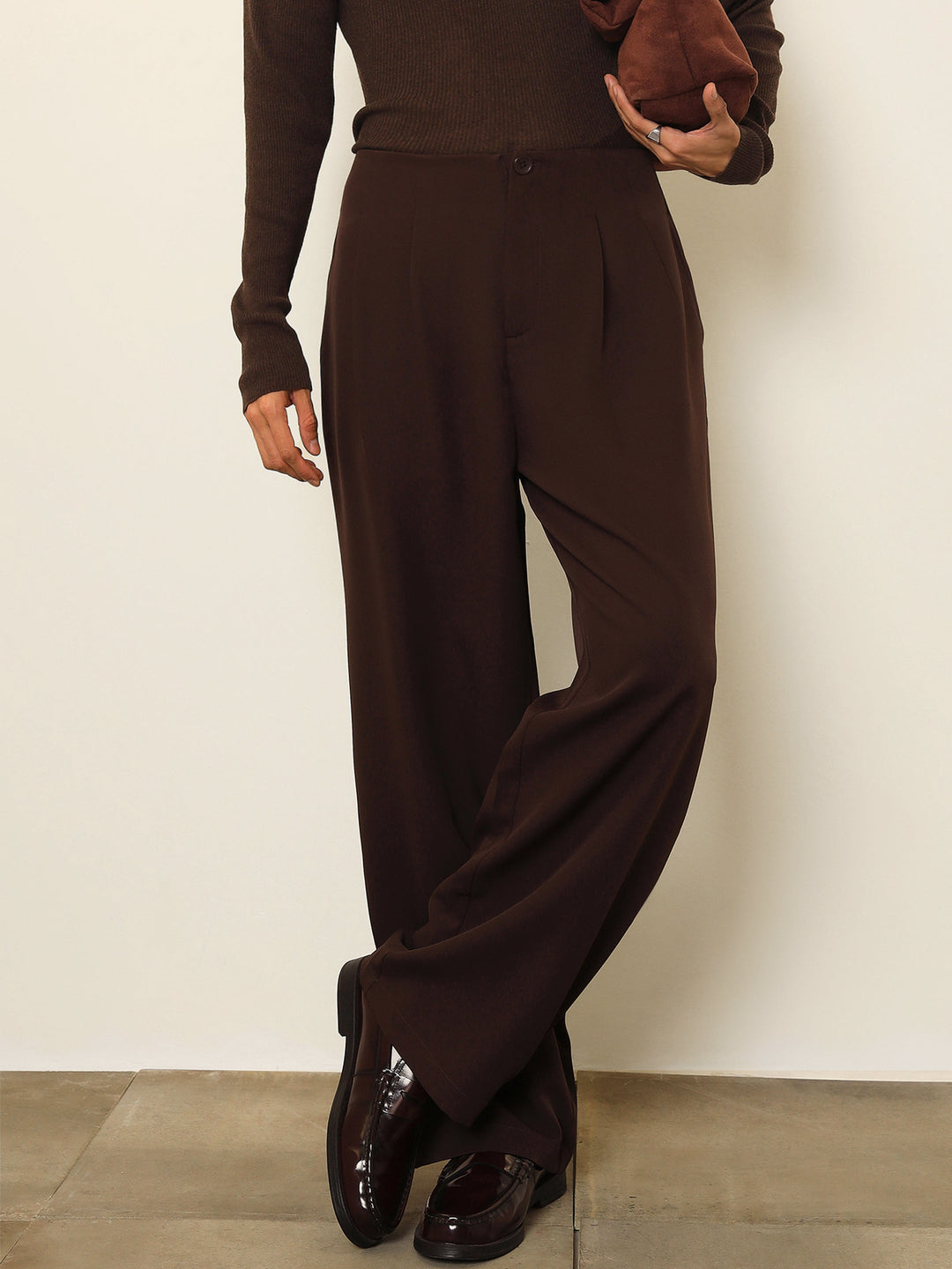 Men Dark Brown Dual-Dart No-waistband High-Waist Korean Pants