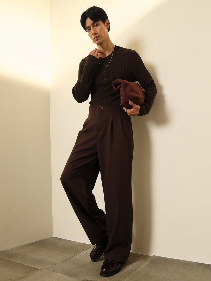 Men Dark Brown Dual-Dart No-waistband High-Waist Korean Pants