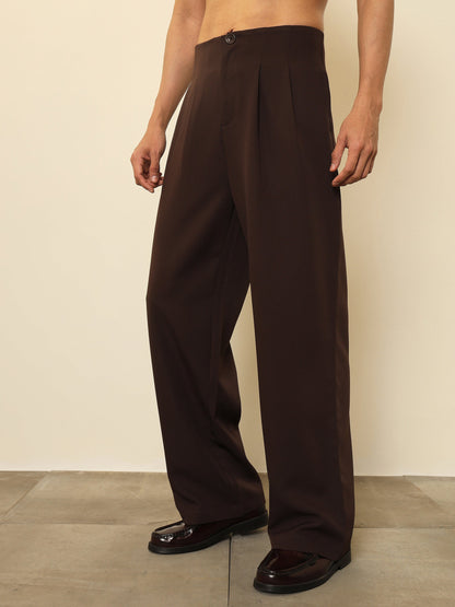 Men Dark Brown Dual-Dart No-waistband High-Waist Korean Pants