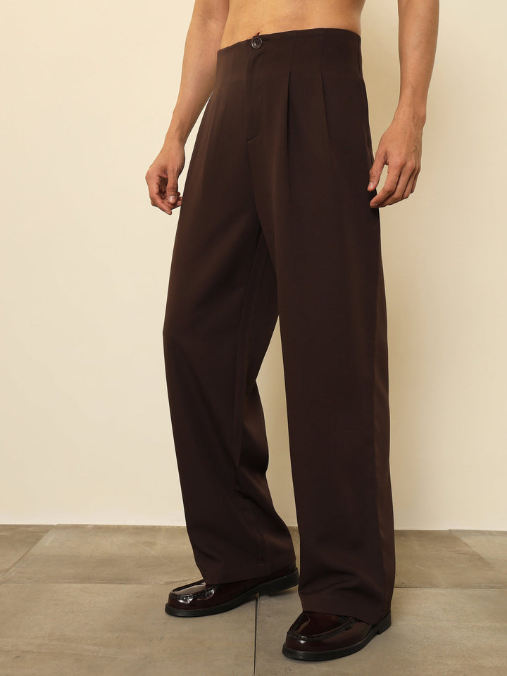Men Dark Brown Dual-Dart No-waistband High-Waist Korean Pants