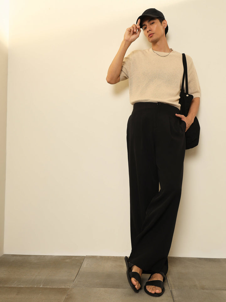 Men Black Dual-Dart No-waistband High-Waist Korean Pants
