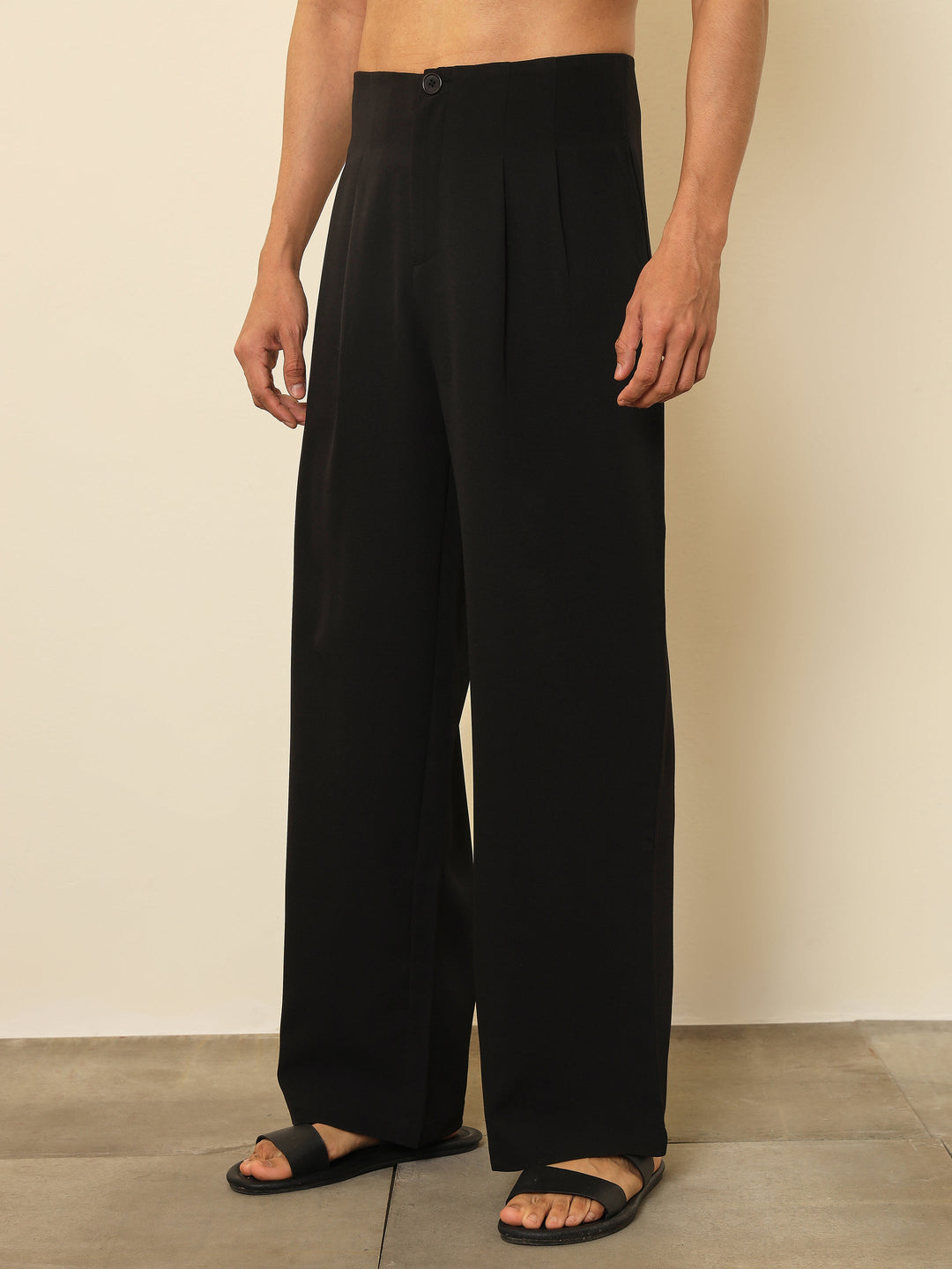 Men Black Dual-Dart No-waistband High-Waist Korean Pants
