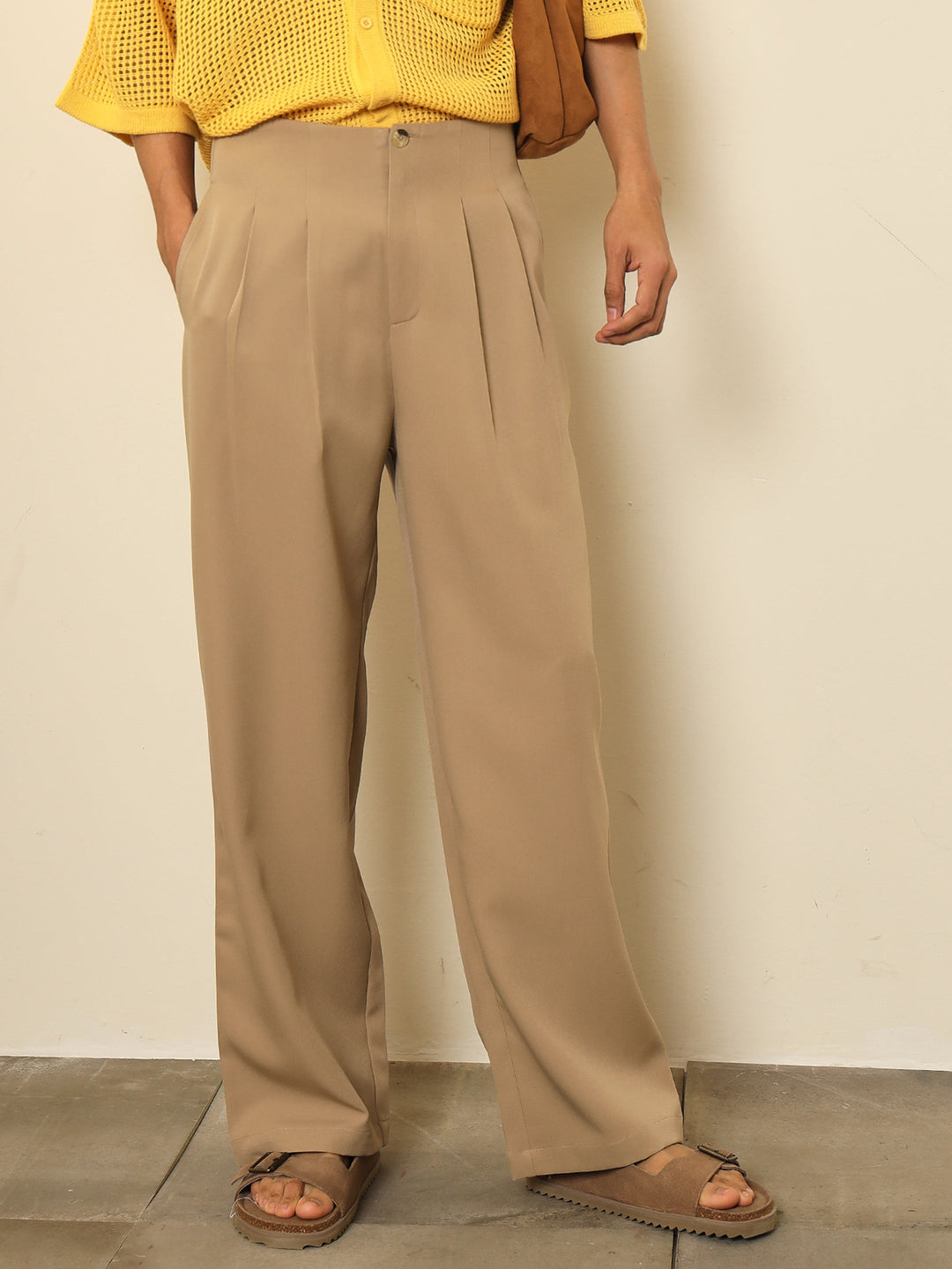 Men Beige Dual-Dart No-waistband High-Waist Korean Pants