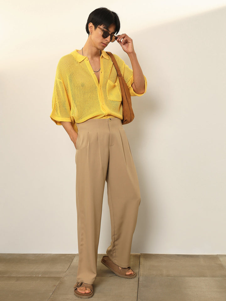 Men Beige Dual-Dart No-waistband High-Waist Korean Pants